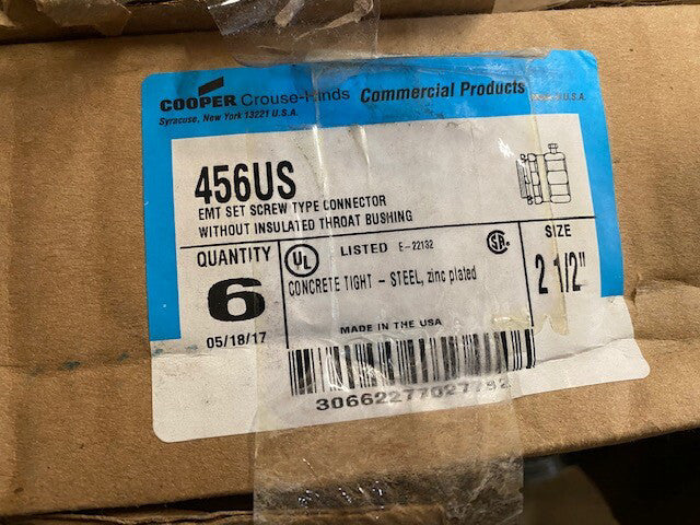 (Set of 6) Crouse Hinds Set Screw Type 2 1/2" inch Box Connector - Part # 456