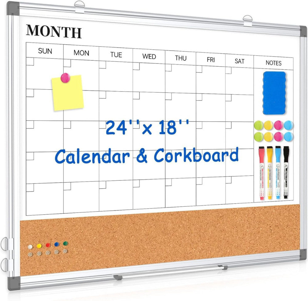 Monthly Calendar Whiteboard Dry Erase Cork Board Combo for Wall, 24" x 18" Doubl