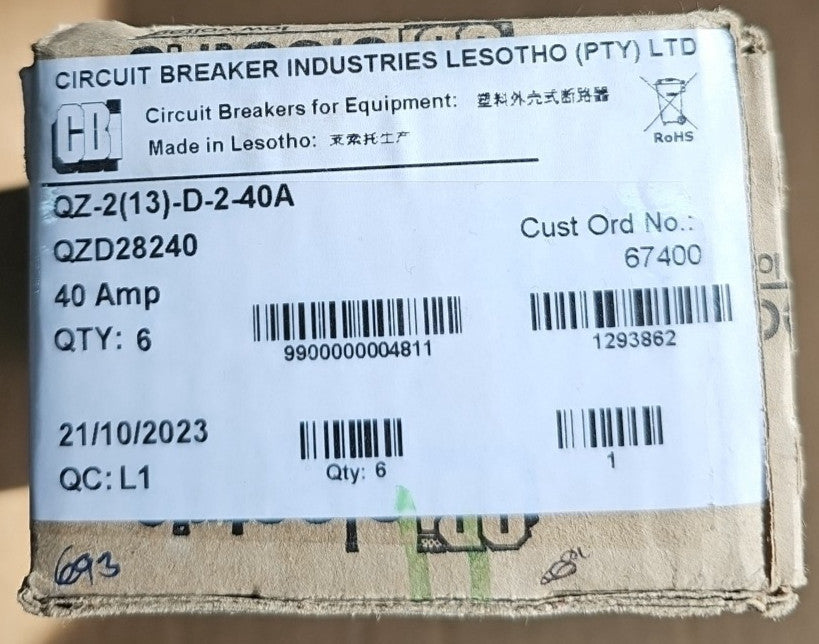 1) CBI Box of 6 QZD28240 2 POLE 40AMP Circuit Breaker