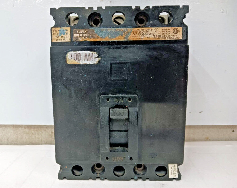 SQUARE D 100 AMP CIRCUIT BREAKER 3 POLE 600 VAC FAL-36100