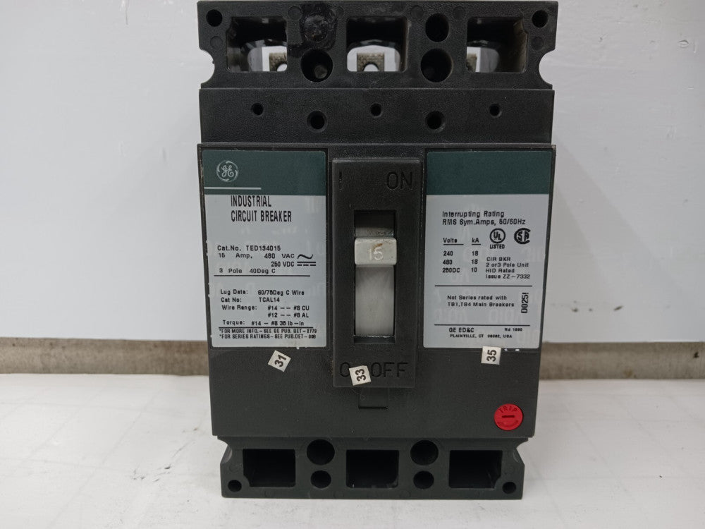 GE GENERAL ELECTRIC 15 AMP CIRCUIT BREAKER 3 POLE 480 VAC TED134015