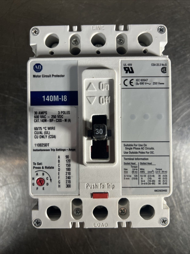 Nos ALLEN BRADLEY CIRCUIT BREAKER (MCP)BULLETIN 140M-I8P-C30S-M(A) 3PL 30AMP