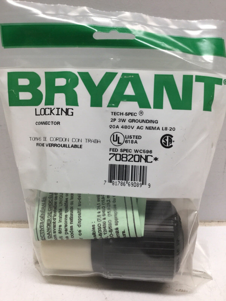 BRYANT 70820NC Locking Connector 20A 480V 2P 3W NEMA L8-20