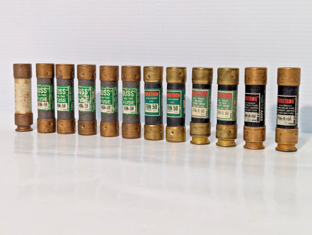 Lot of Assorted Fuses: Buss One-Time NON-50, Fusetron FRN 50, FRN-R 60, More
