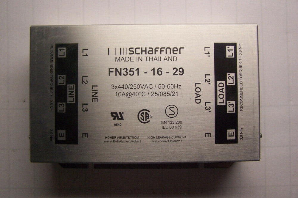 SCHAFFNER FN351-16-29 GENERAL PURPOSE FMC FILTER 3x440/250 VAC 50-60 HZ 16 AMP