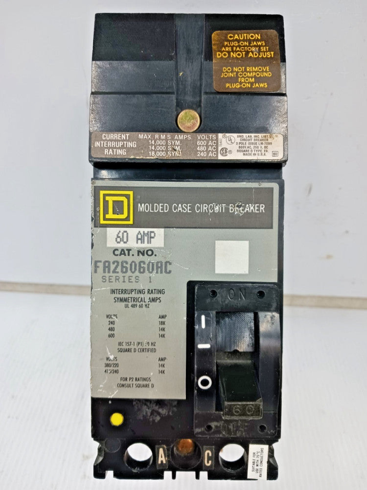 Square D 60 Amp I-Line Molded Case Circuit Breaker 2 Pole 600 VAC FA26060AC