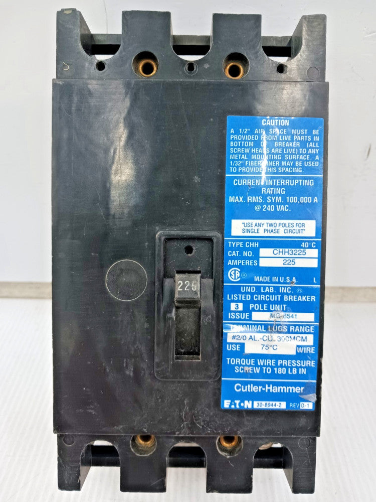 Eaton Cutler Hammer 225 Amp Circuit Breaker 3 Pole 240 VAC 100kA CHH3225