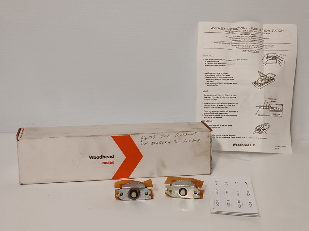(2) Daniel Woodhead Spare Single-Speed Pushbutton Switches, labels, for Feeder