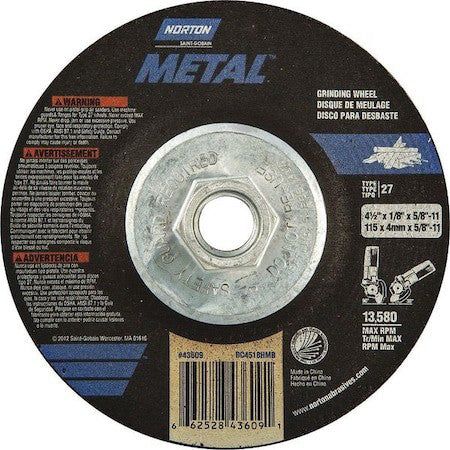 Norton Abrasives 66252843609 Cut-Off & Grinding Wheel, Type 27, 4 1/2 In Dia,