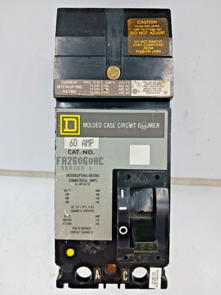Square D 60 Amp I-Line Molded Case Circuit Breaker 2 Pole 600 VAC FA26060AC