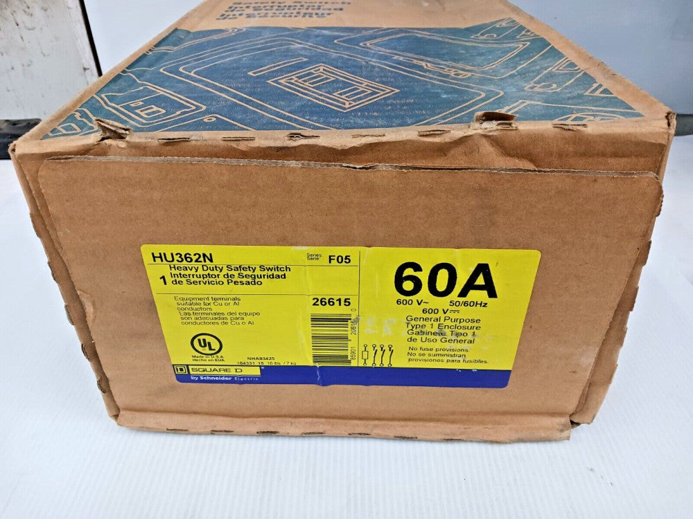 NEW SQUARE D 60 AMP NON-FUSIBLE SAFETY SWITCH 3 POLE 600 VAC / VDC HU362N