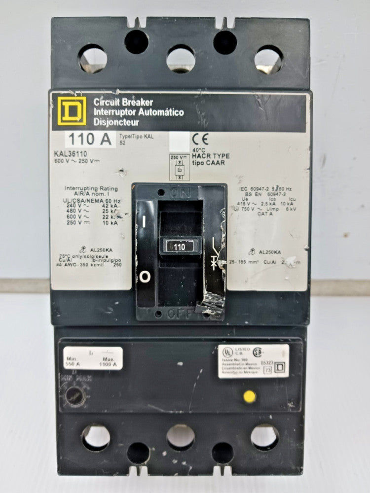 Square D 110 Amp Circuit Breaker 3 Pole 600 VAC / 250 VDC 25kA KAL36110
