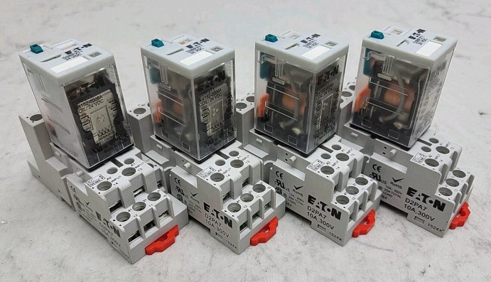 4 Pack Eaton D2RF2T1 Ice Cube Relay 2P 12A 24V 50/60Hz w/ D2PA7 Relay Socket