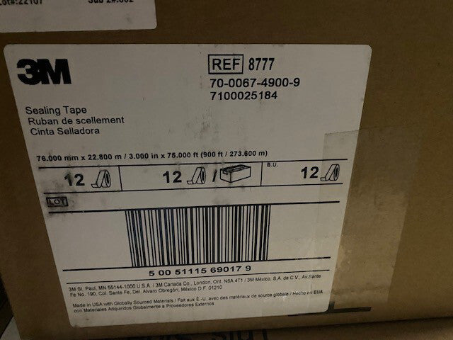 (12 Rolls) 3M Sealing Tape 8777, Tan, 3 in x 75 ft, 12 rolls per case, Solid