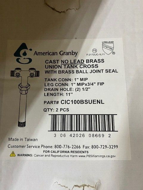 (2 PACK) American Granby Brass Pressure Tank Tee CIC100BSUENL 1" X 11" LF