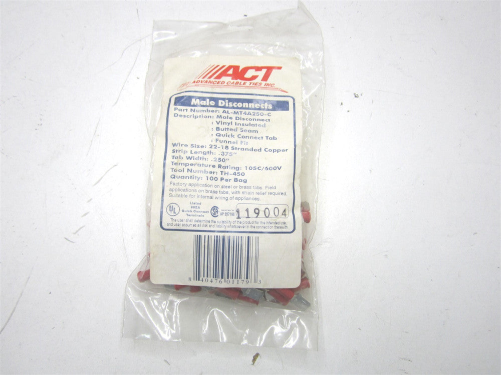 ACT (AL-MT4A250-C) 22-18 AWG Red Nylon Male Disconnect - Pack of 100