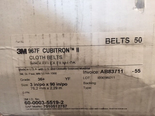 (Box of 50) 3M 3" X 90" Cubitron II Cloth Belt 967F 36 GRADE (NEW)