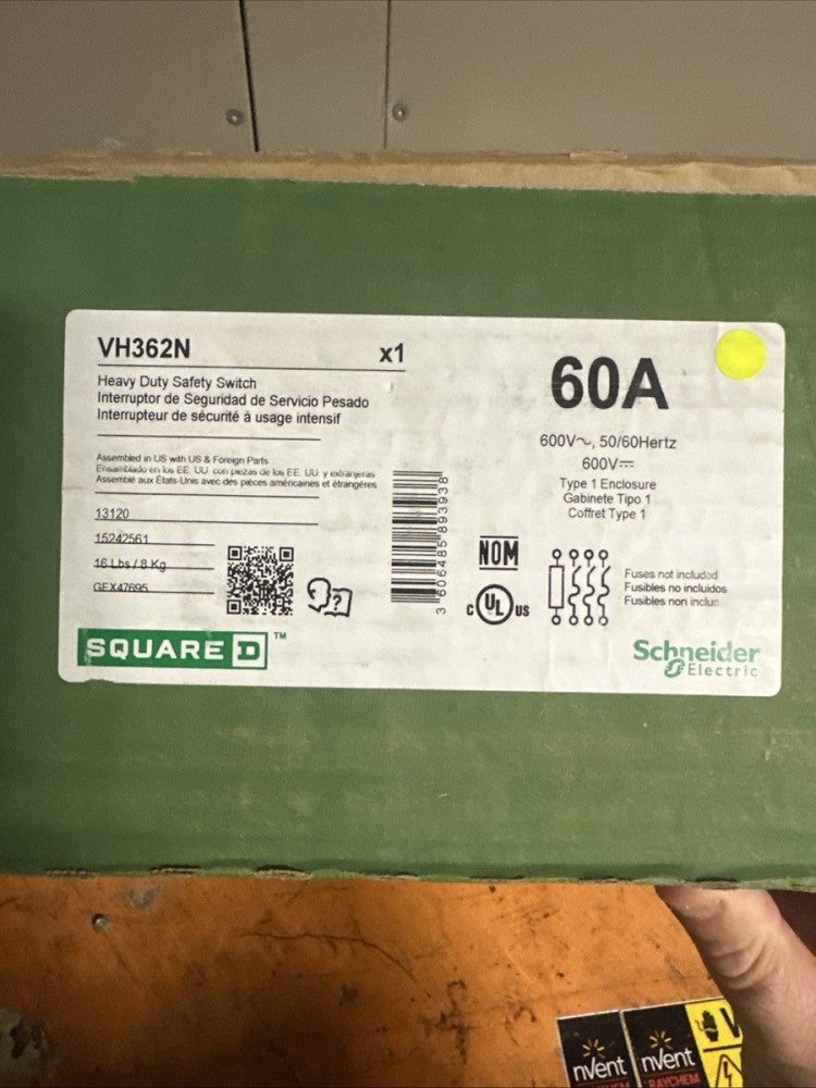 Square D VH362N 60 Amp 600V Fusible 3-Phase Disconnect w/ AJT60 fuses installed 
