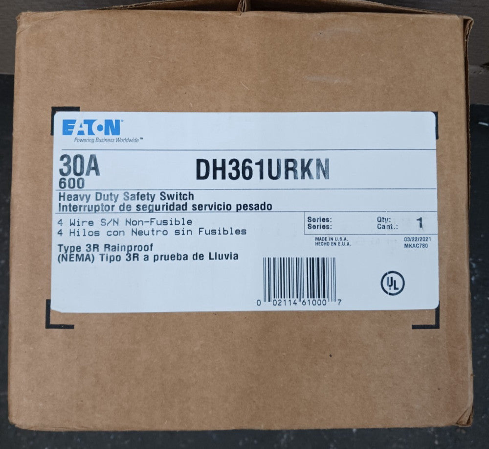 New Eaton DH361URKN 30 amp Non-Fusible Safety Switch 4w/sn Nema 3R 277/480/600 v