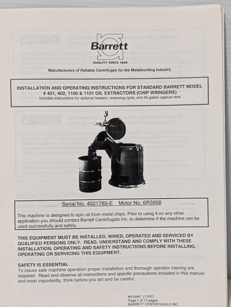 Barrett Centrifugals 402E Oil Extractor Manual for 401, 402, 1100 & 1101 Wrin
