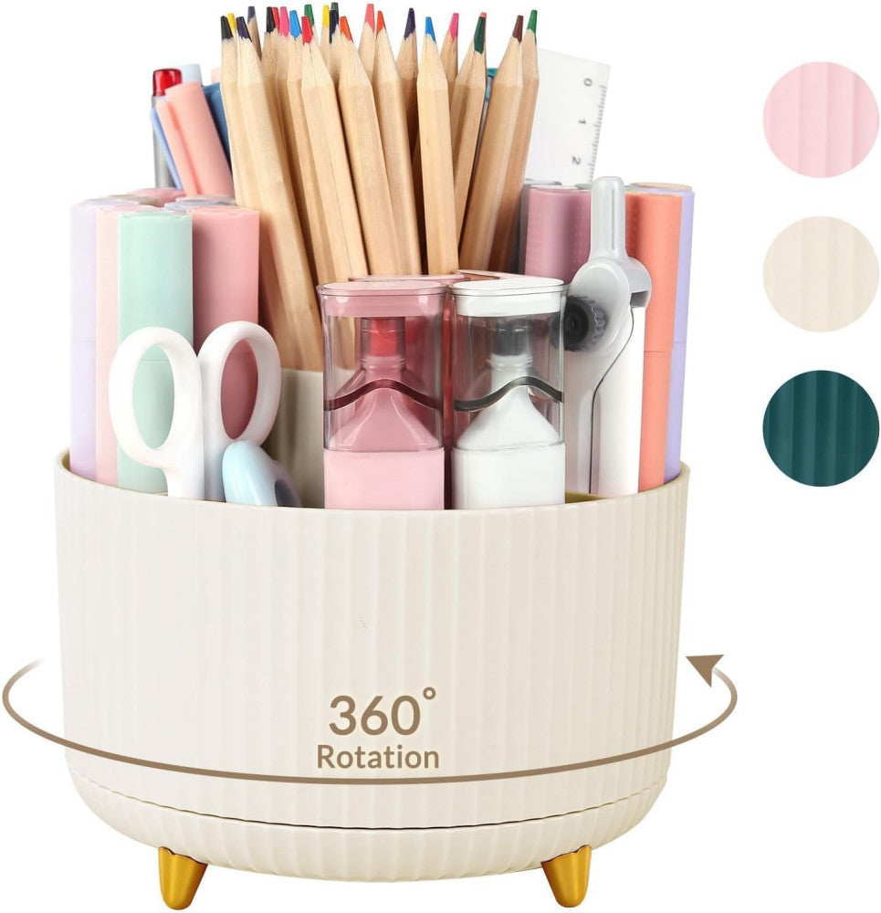 SKYDUE 360 Rotating Plastic Desk Pen Organizer with 5 Slots, Dual-Purpose Art Su