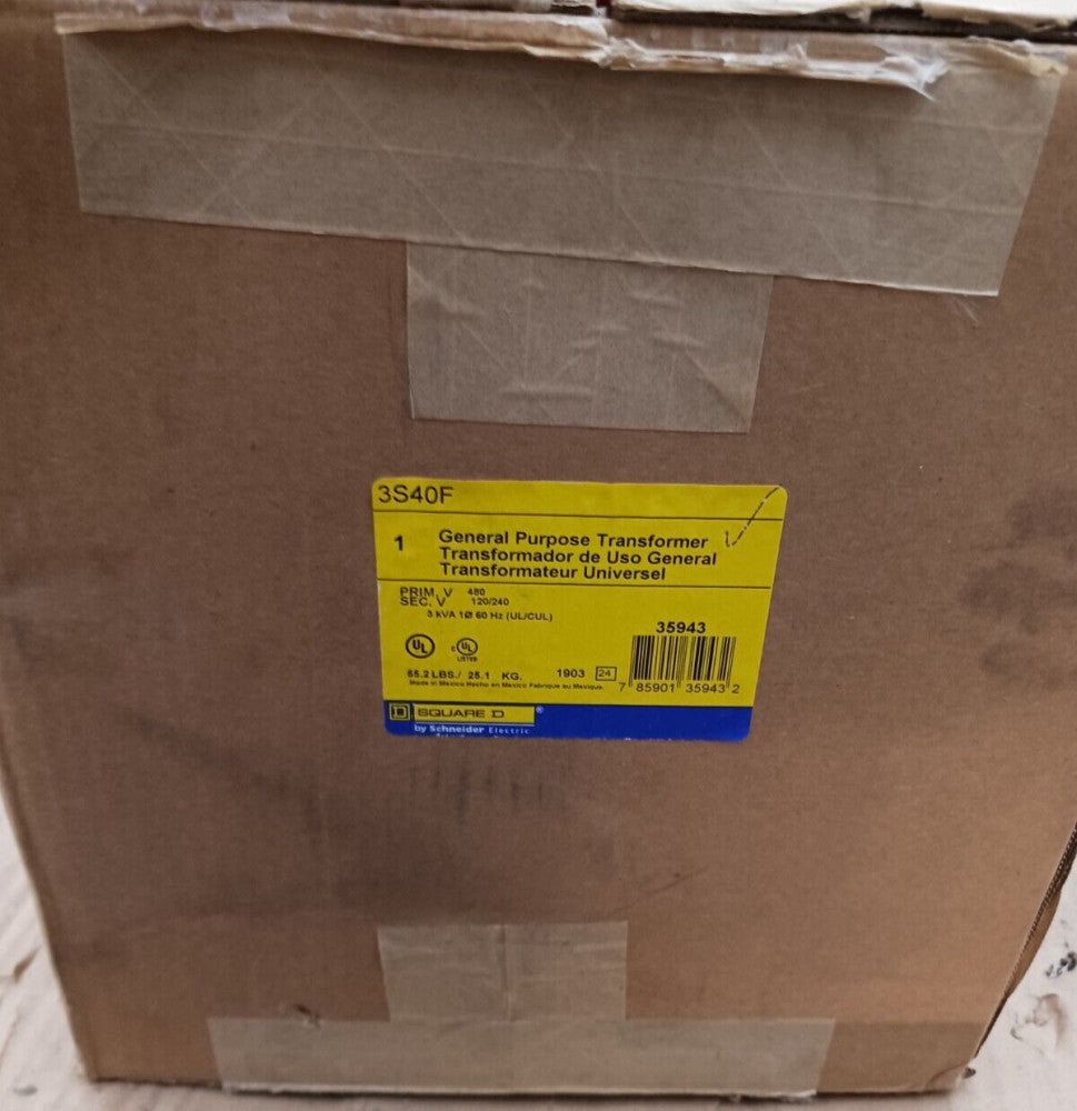NEW SQUARE D 3S40F 3 KVA 1 PHASE GP TRANFORMER 480V PRI 240/120V SEC