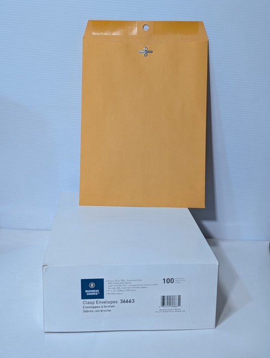 1 Box of 100 Business Source 36663 Heavy-duty Clasp Envelope, 9" X 12", 28 Lb