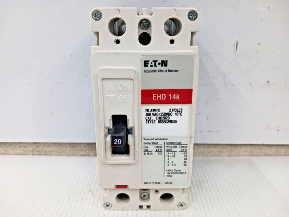 Eaton 20 Amp Industrial Circuit Breaker 2 Pole 480 VAC / 250 VDC 14kA EHD2020