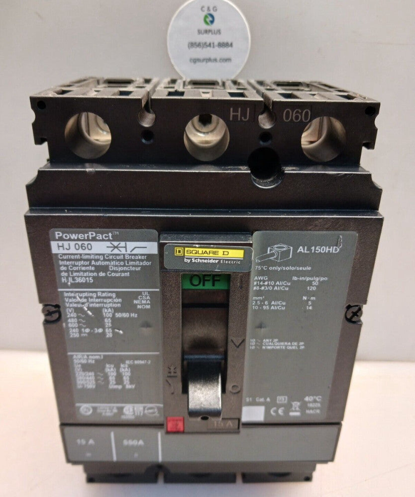 NEW SQUARE D 15 AMP POWERPACT CIRCUIT BREAKER 3P 480/600 VAC HJL36015