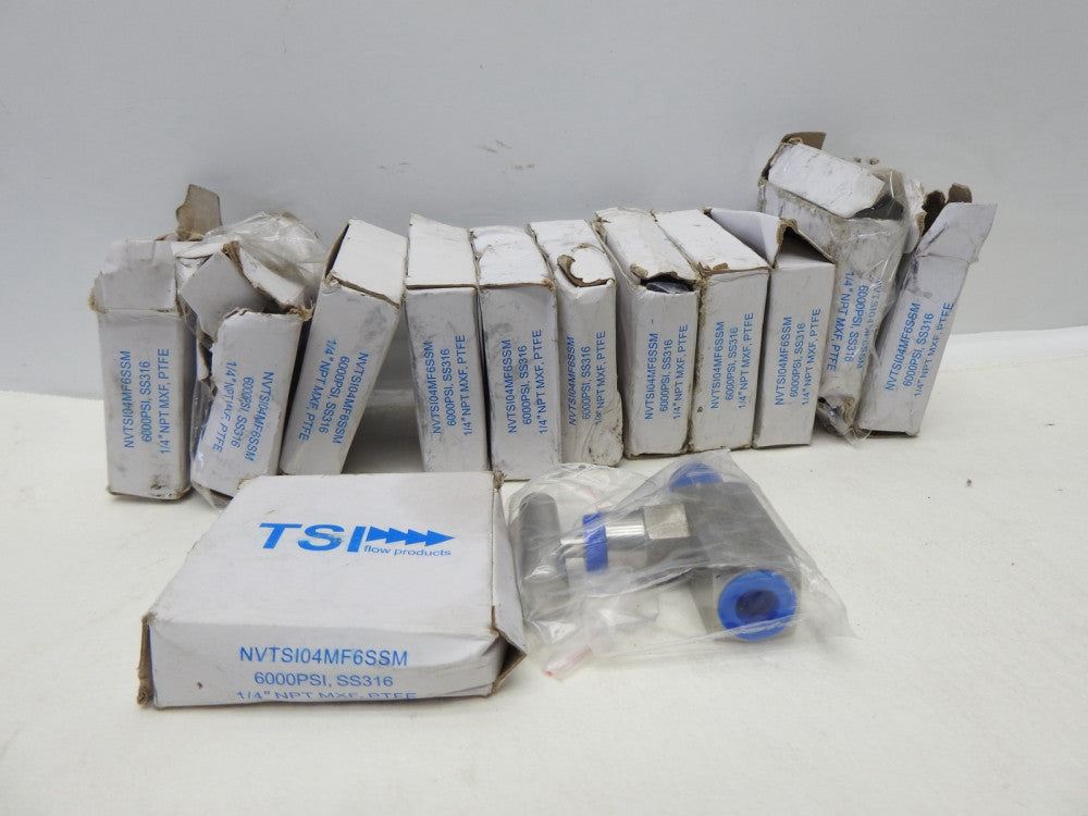 12/pk TSI Flow Products 1/4" NPT MXF, PTFE SS 6000PSI In Line SS Needle Valve