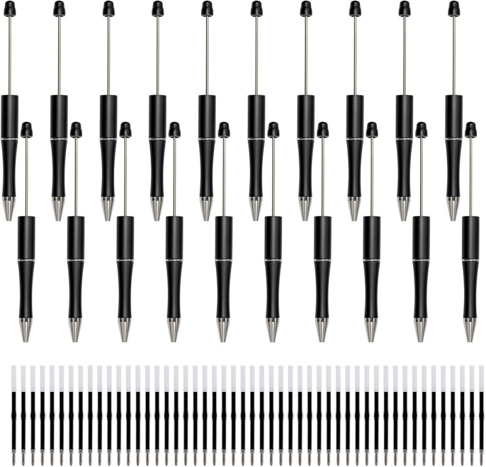 20Pcs Black Beadable Pens Plastic Bead Ballpoint Pens Bulk with 50Pcs Black Ink 