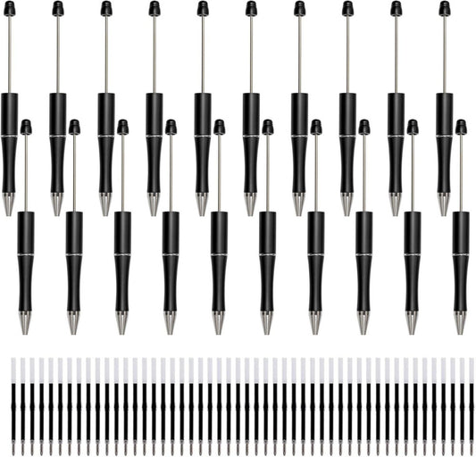 20Pcs Black Beadable Pens Plastic Bead Ballpoint Pens Bulk with 50Pcs Black Ink 
