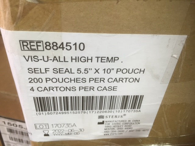 (Case of 800) Steris 884510 VIS-U-ALL High Temp Self Seal Pouches Exp 06/30/2022