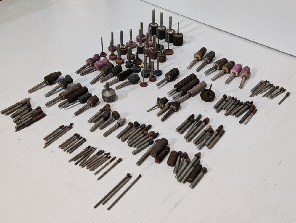 Lot of 144 mounted grinding wheels on shaft as shown, various sizes, shapes, ...