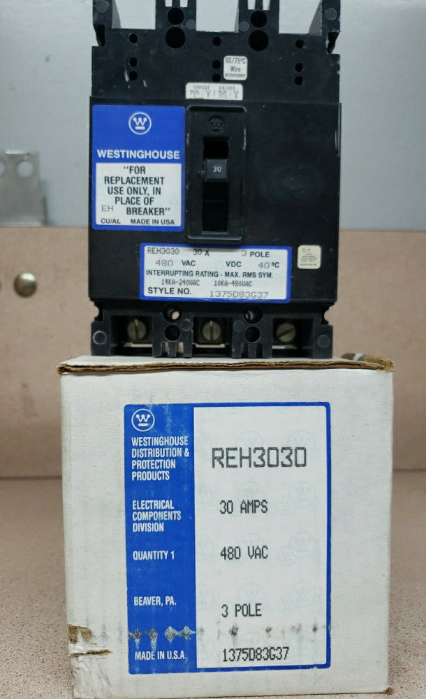 New Take Out! Westinghouse REH3030 480V 30A 3 Pole Circuit Breaker