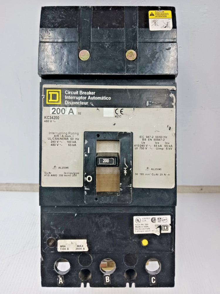 Square D 200 Amp I-Line Circuit Breaker 3 Pole 480 VAC 65kA KC34200