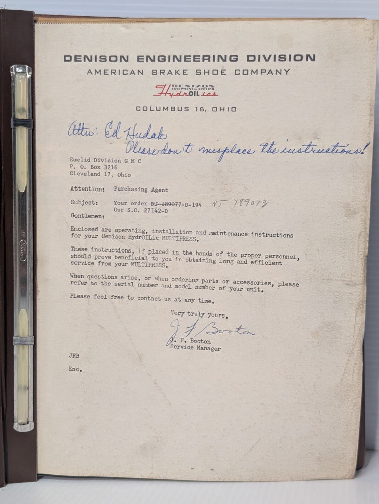 Denison Engineering Series R, S & T Hydraulic Multi Press Manual, Bulletin SM.37