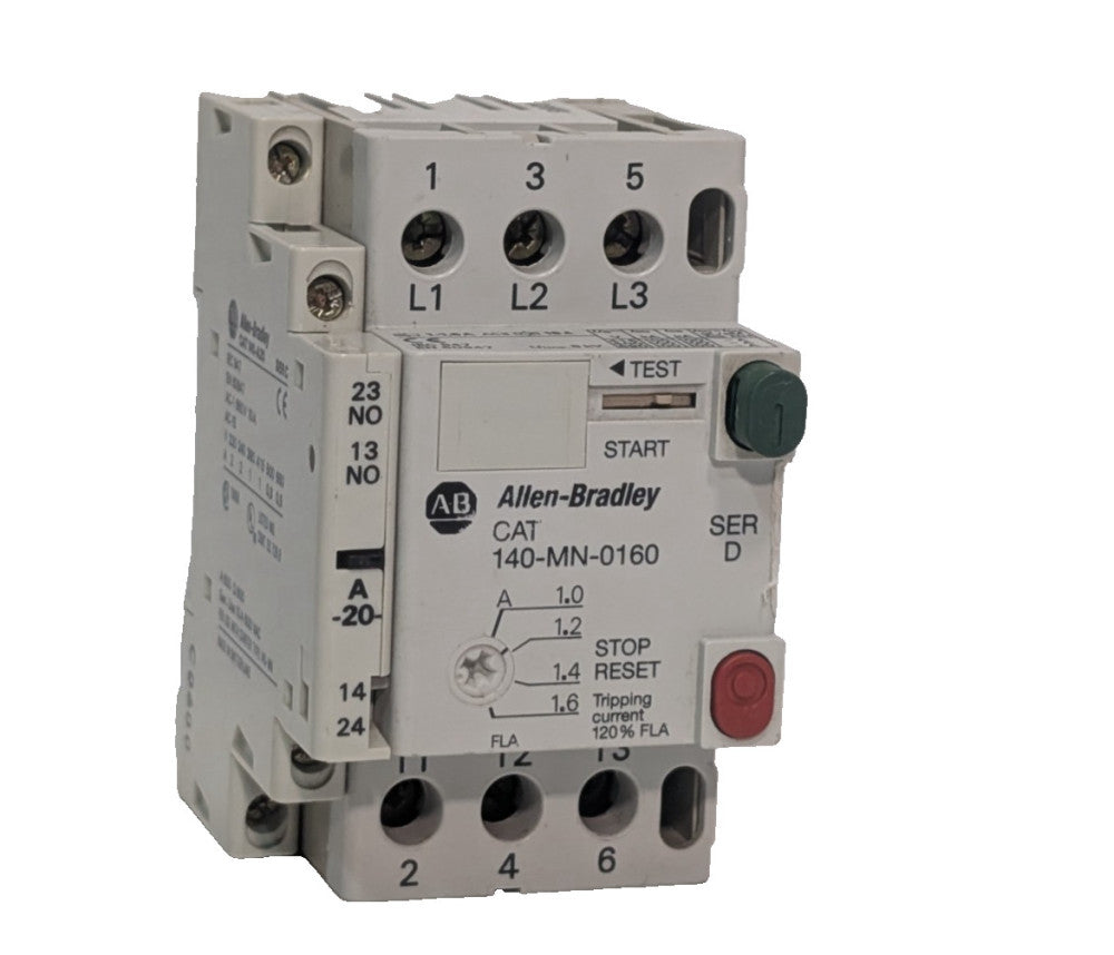 Allen-Bradley 140-MN-0160 Ser D motor starter w/ 140-A20 auxiliary contact block