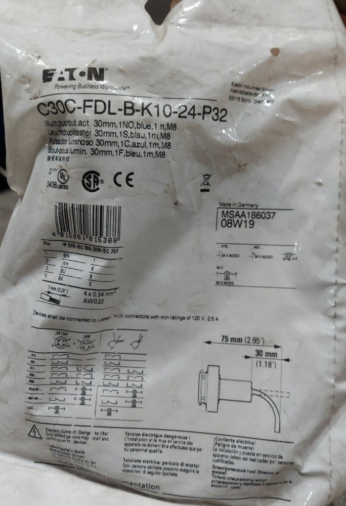 Eaton C30C-FDL-B-K10-24-P32 Pushbuttons Illuminated 24V 1NO Blue