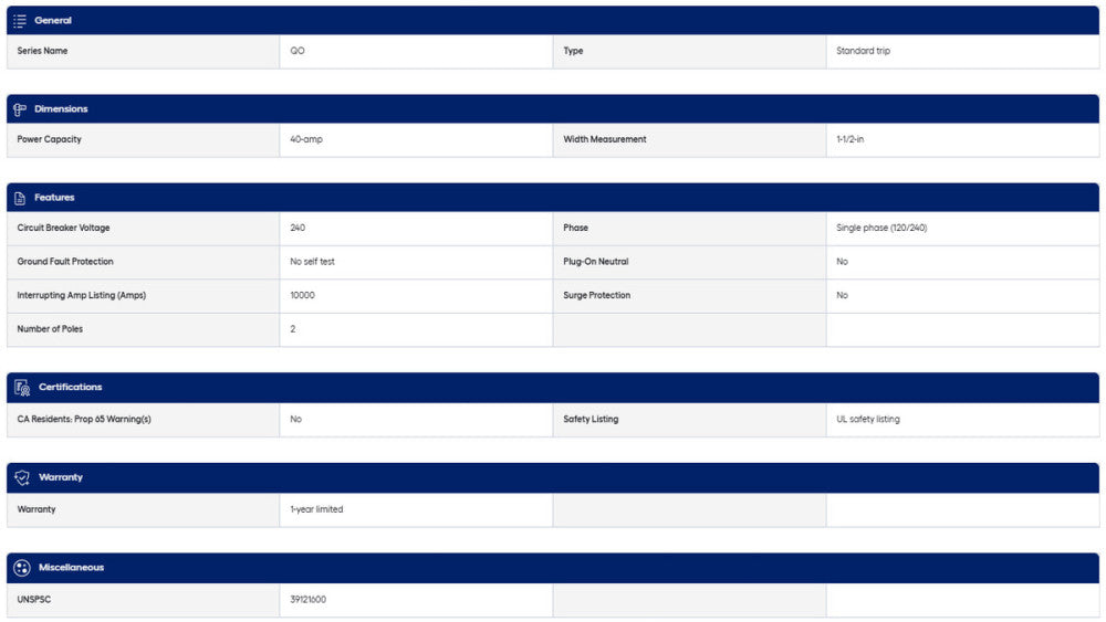 40-amp Square D Breaker Standard Trip Circuit