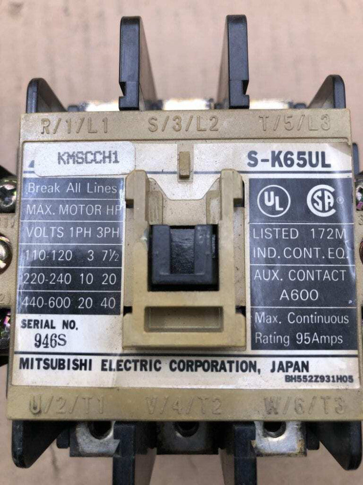 Mitsubishi S-K65UL Magnetic Contactor 110-120/220-240/440-600V 95A