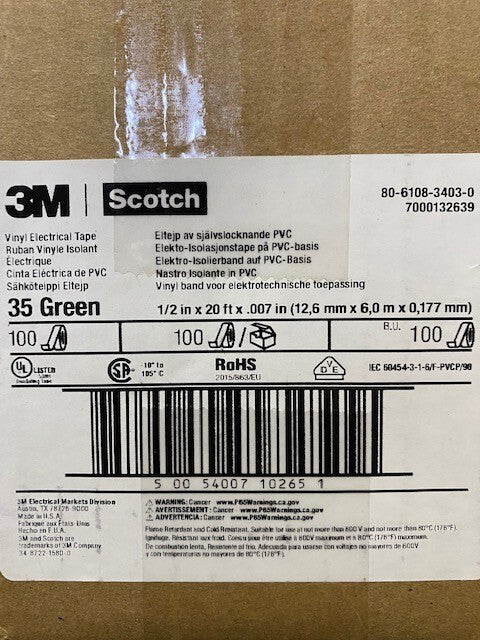 (100 PACK) Scotch® Vinyl Color Coding Electrical Tape 35, 1/2 in x 20 ft, Green