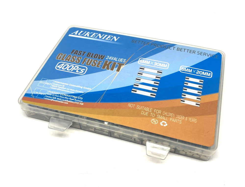 Aukenien 24 Values Fast Blow Glass Fuse Kit 6mm x 30mm & 5mm x 20mm 400 PCS KIT