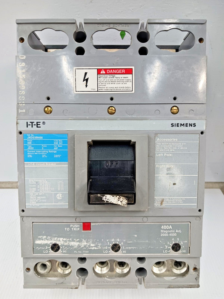Siemens ITE Sentron 400 Amp Circuit Breaker 3 Pole 240 VAC 65kA JXD23B400 *Flaw*