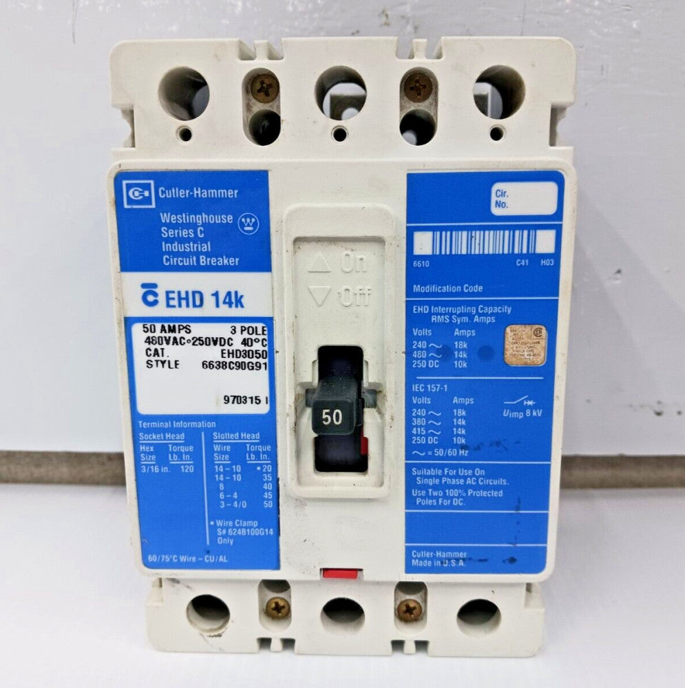 CUTLER HAMMER 50 AMP CIRCUIT BREAKER 3 POLE 480 VAC 18kA @ 240V EHD3050 (FLAW)