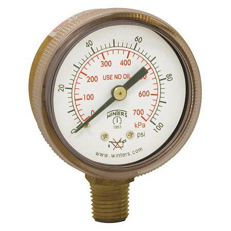 Winters Pwl2722 Welding Regulator Pressure Gauge, 0 To 100 Psi, 2 In Dial, 1/4