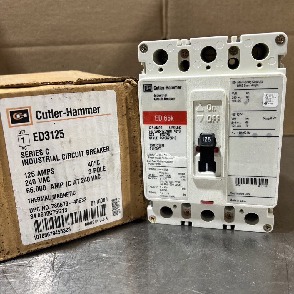Cutler-Hammer ED3125 Circuit Breaker 125A 3P 240V ED 65k 125 Amp 3 Pole Nos