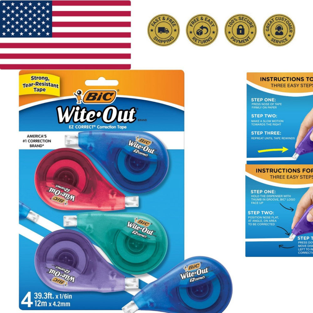 BIC Brand EZ Correct Correction Tape, 19.8 Feet, 4-Count Pack of White Correc...