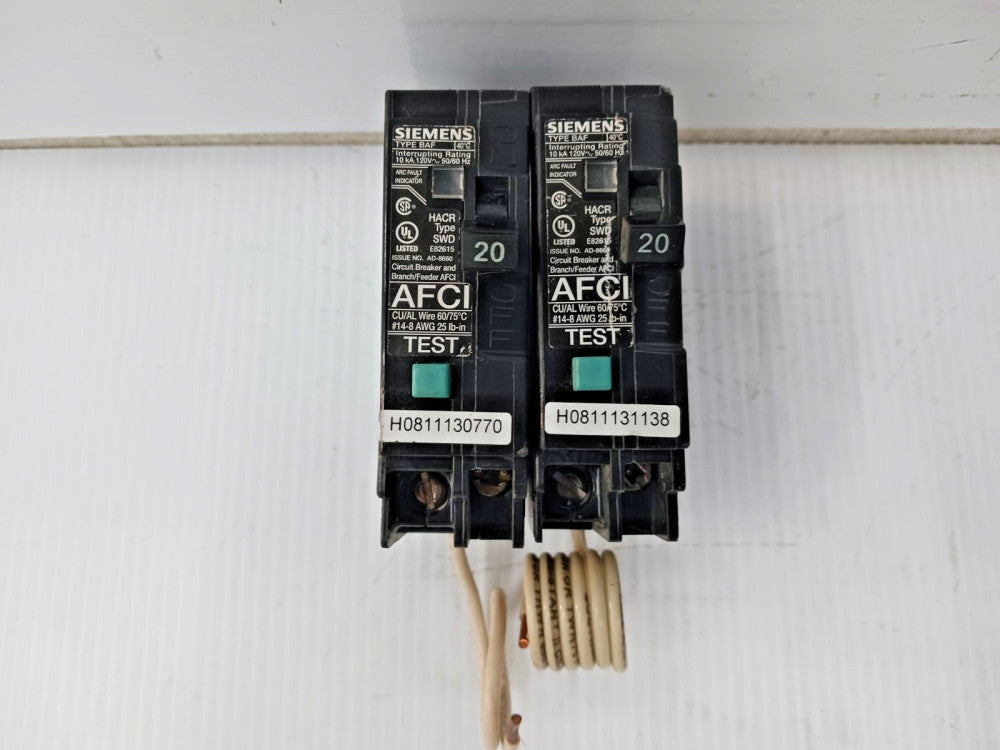 Lot of Two) Siemens 20 Amp Bolt-On AFCI Circuit Breaker 1 Pole 120V 10kA B120AF