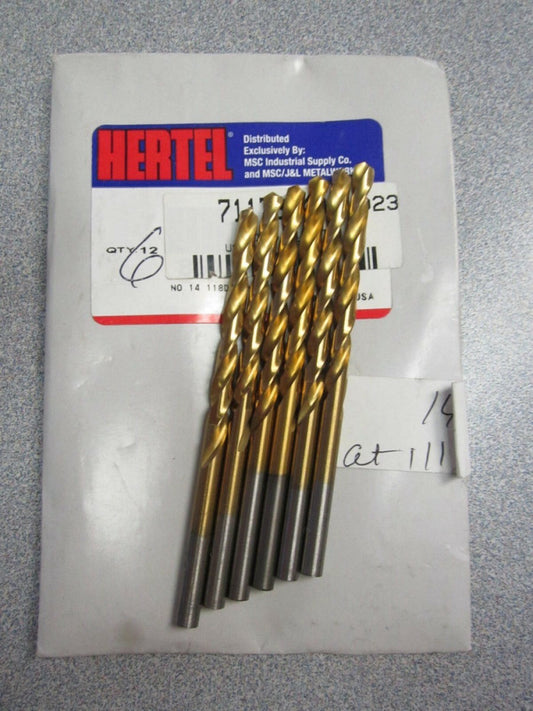 (6) High Speed Steel #14 Jobber Drill Bits, 118 Deg Point Angle, TiN Coated